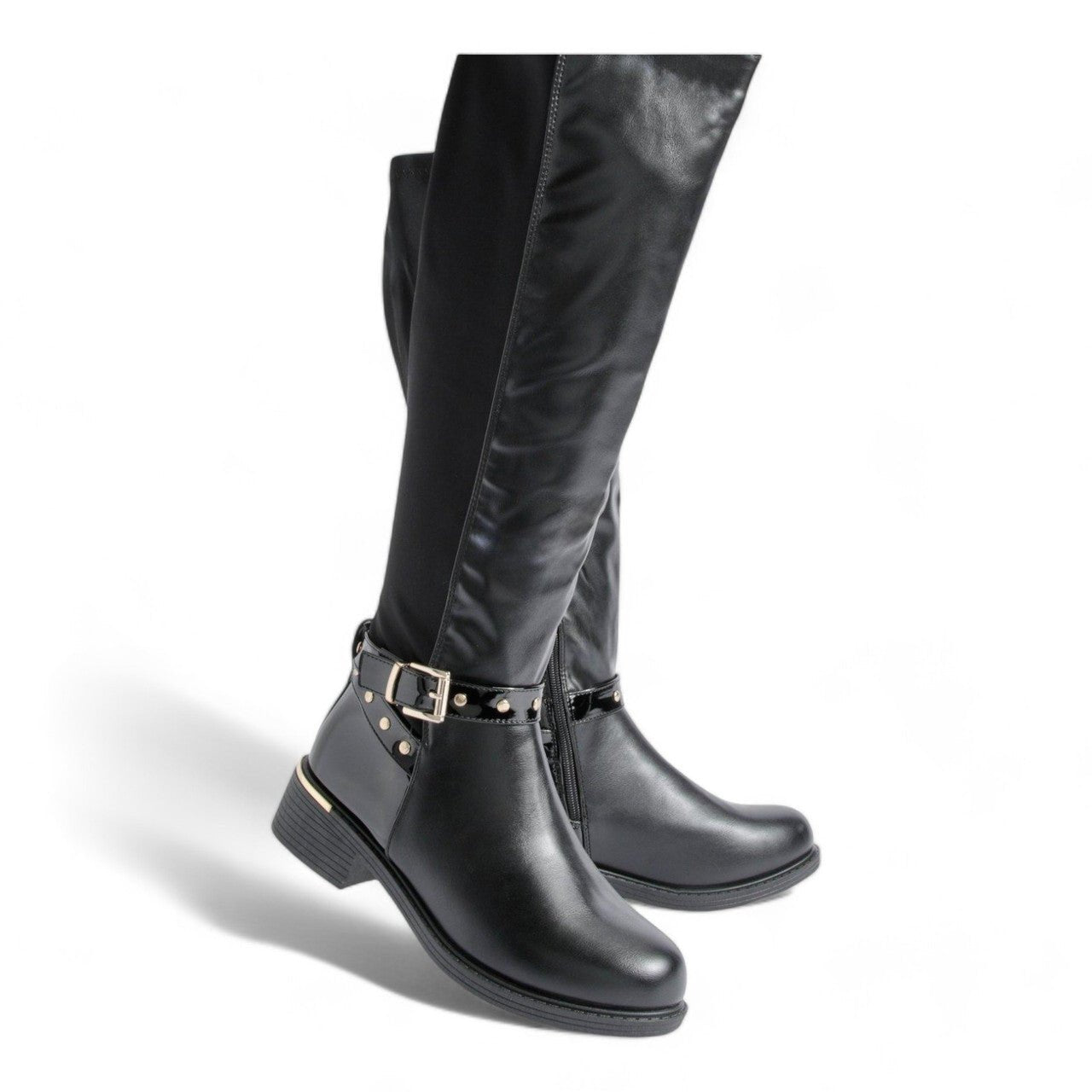 Women's Wide Fit Gold Detail Lycra Stretch Knee High Riding Boot Black - Renna Clothing