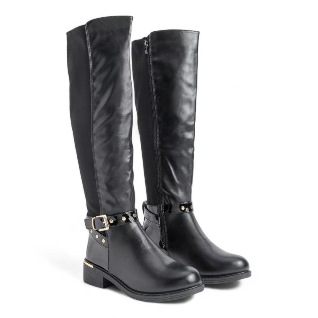 Women's Wide Fit Gold Detail Lycra Stretch Knee High Riding Boot Black - Renna Clothing