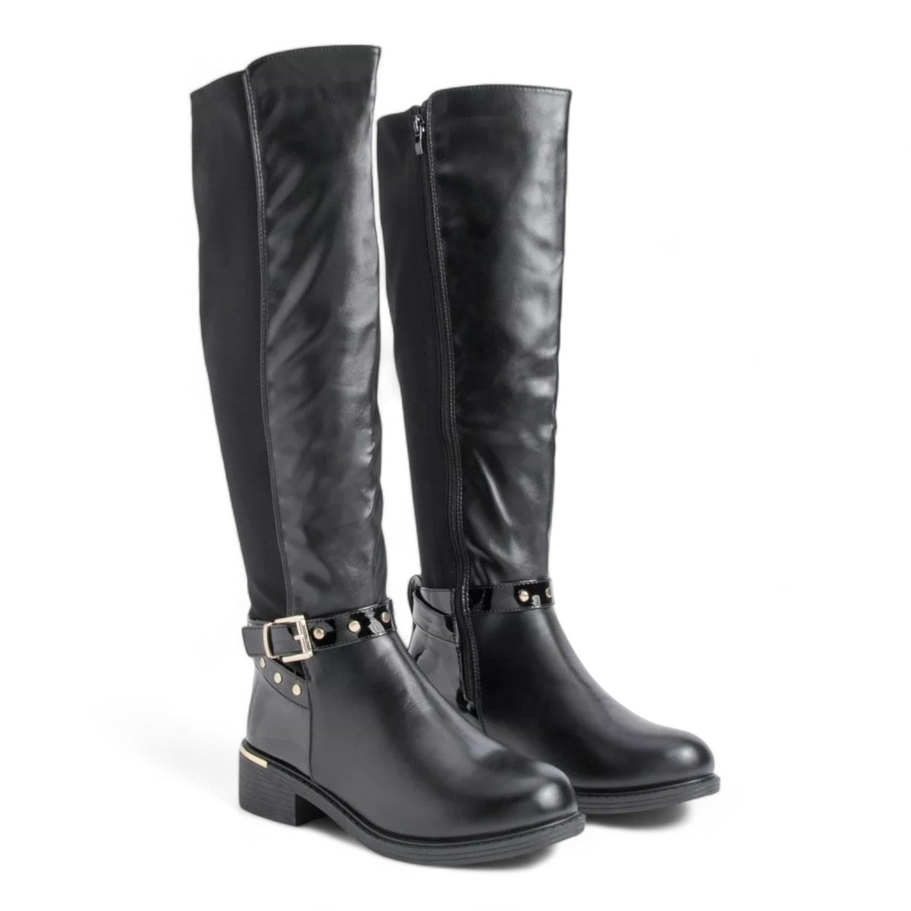 Women's Wide Fit Gold Detail Lycra Stretch Knee High Riding Boot Black - Renna Clothing