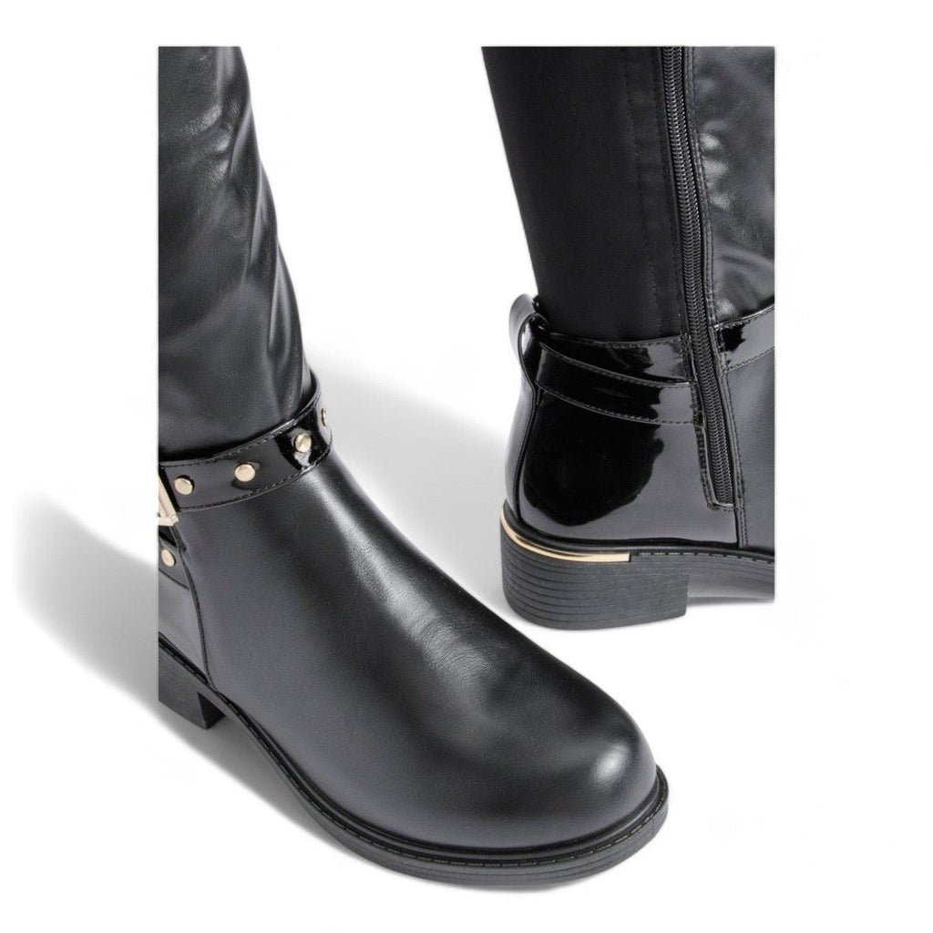 Women's Wide Fit Gold Detail Lycra Stretch Knee High Riding Boot Black - Renna Clothing
