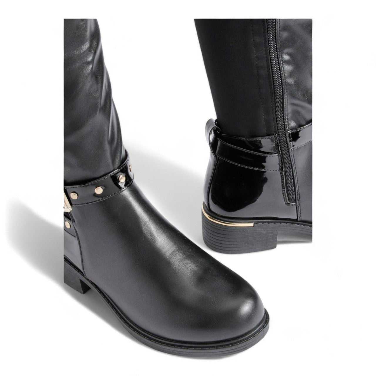 Women's Wide Fit Gold Detail Lycra Stretch Knee High Riding Boot Black - Renna Clothing