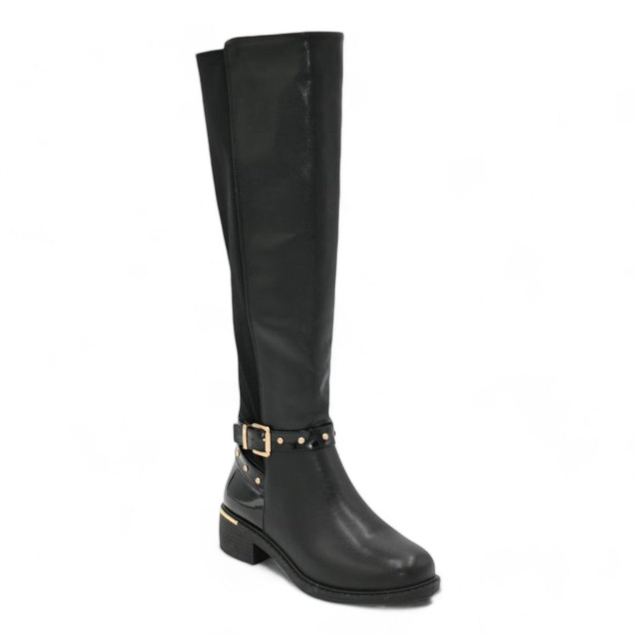 Women's Wide Fit Gold Detail Lycra Stretch Knee High Riding Boot Black - Renna Clothing