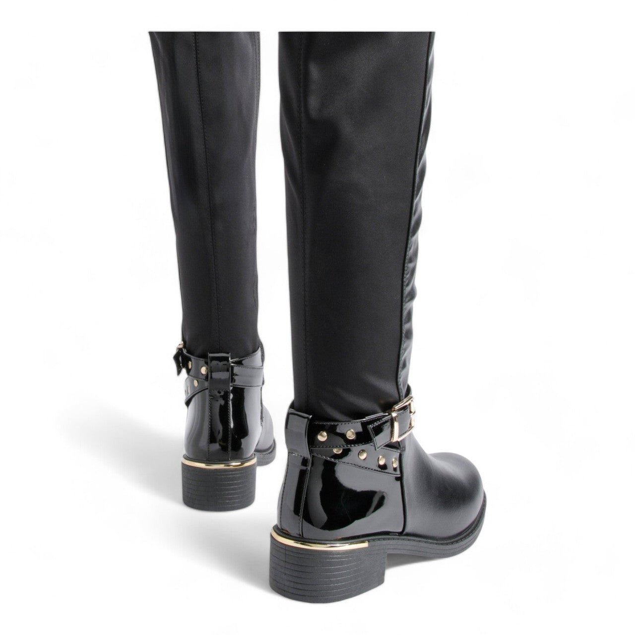 Women's Wide Fit Gold Detail Lycra Stretch Knee High Riding Boot Black - Renna Clothing