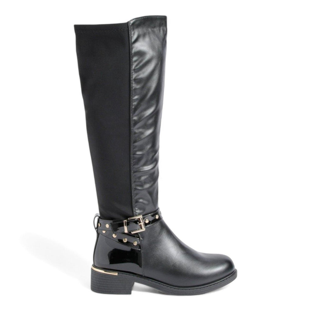 Women's Wide Fit Gold Detail Lycra Stretch Knee High Riding Boot Black - Renna Clothing