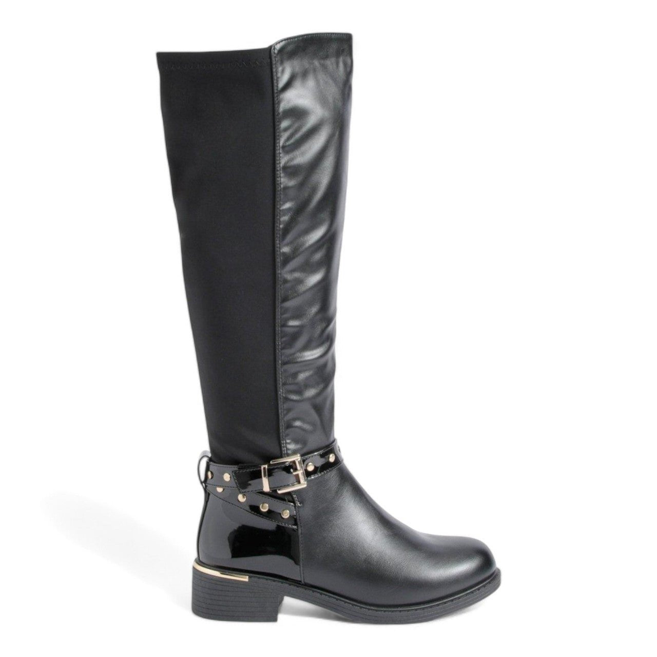 Women's Wide Fit Gold Detail Lycra Stretch Knee High Riding Boot Black - Renna Clothing